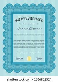 Light blue Certificate of achievement template. Vector illustration. With guilloche pattern and background. Sophisticated design. 