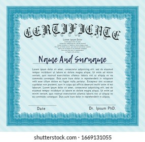 Light blue Certificate of achievement template. Modern design. Detailed. Complex background. 
