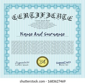 Light blue Certificate of achievement template. Sophisticated design. Customizable, Easy to edit and change colors. With guilloche pattern. 