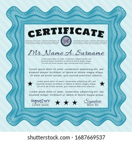 Light blue Certificate of achievement template. Detailed. With background. Perfect design. 