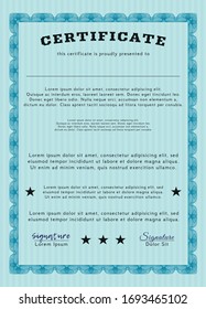 Light blue Certificate of achievement template. Detailed. With linear background. Nice design. 