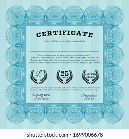 Plantilla de certificado de logro azul claro. Con patrón guilloche y fondo. Diseño retro. Detallado. 