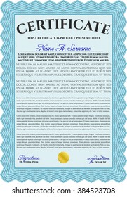 Light blue Certificate of achievement template. With guilloche pattern and background. Sophisticated design. Diploma of completion. 