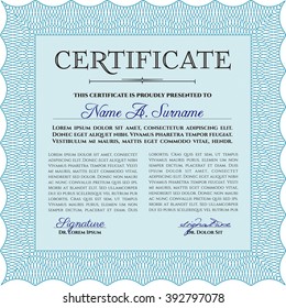 Light blue Certificate of achievement template. With guilloche pattern and background. Money design. Diploma of completion. 