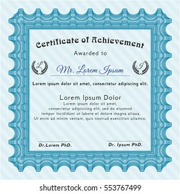 Light blue Certificate of achievement template. Detailed. Complex background. Superior design. 