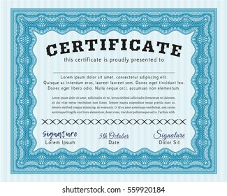 Light blue Certificate of achievement template. Detailed. With linear background. Superior design. 