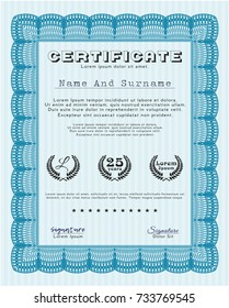Light blue Certificate of achievement template. Detailed. Easy to print. Artistry design. 