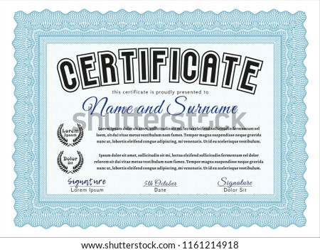 Light blue Certificate of achievement template. With guilloche pattern and background. Detailed. Cordial design. 
