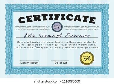 Light blue Certificate of achievement. Vector illustration. With guilloche pattern and background. Modern design. 