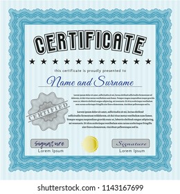 Light blue Certificate of achievement. Vector illustration. With complex linear background. Retro design. 