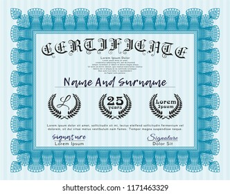 Light blue Certificate of achievement. Vector illustration. Complex background. Artistry design. 