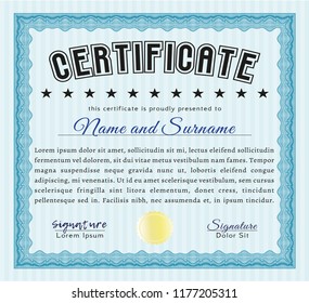 Light blue Certificate of achievement. Vector illustration. With complex background. Lovely design. 