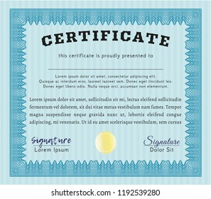 Light blue Certificate of achievement. Vector illustration. With guilloche pattern. Superior design. 