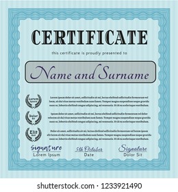Light blue Certificate of achievement. Vector illustration. With complex linear background. Superior design. 
