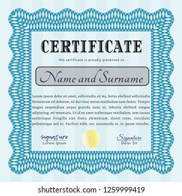 Light blue Certificate of achievement. Vector illustration. Printer friendly. Lovely design. 