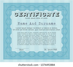 Light blue Certificate of achievement. Vector illustration. With complex background. Superior design. 