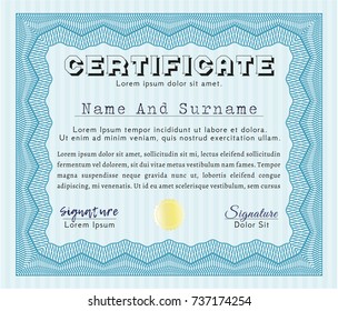 Light blue Certificate of achievement. Vector illustration. With great quality guilloche pattern. Money design. 