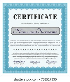 Light blue Certificate of achievement. Vector illustration. With background. Superior design. 