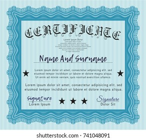 Light blue Certificate of achievement. Vector illustration. With guilloche pattern and background. Money Pattern. 