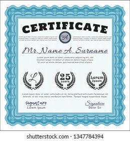 Light blue Certificate. With background. Money Pattern. Vector illustration. 