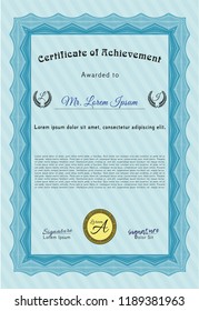 Light blue Certificate. Complex background. Money Pattern. Detailed. 