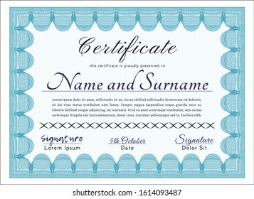 Light blue Certificate. With complex background. Artistry design. Vector illustration. 