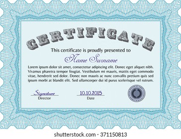 Light blue Certificate. Complex design. Detailed. Printer friendly. 