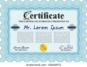 Light blue Certificate. Complex design. Printer friendly. Detailed. 