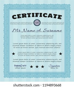 Light blue Certificate. With complex linear background. Detailed. Elegant design. 