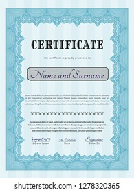 Light blue Certificate. With complex linear background. Cordial design. Vector illustration. 