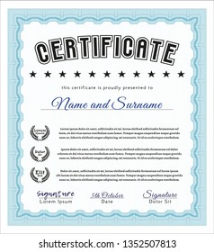 Light blue Certificate. Cordial design. With guilloche pattern. Customizable, Easy to edit and change colors. 
