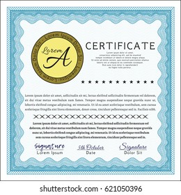 Light blue Certificate. Cordial design. With linear background. Detailed. 