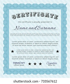 Light blue Certificate. Cordial design. With guilloche pattern. Detailed. 
