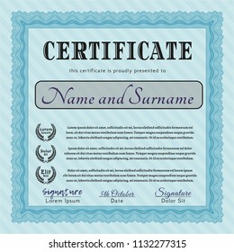 Light blue Certificate. Customizable, Easy to edit and change colors. With complex linear background. Money design. 