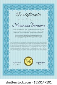 Light blue Certificate. Customizable, Easy to edit and change colors. With guilloche pattern. Elegant design. 