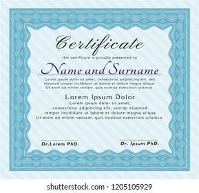 Light blue Certificate. Detailed. With background. Money Pattern. 