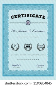 Light blue Certificate. Detailed. With complex linear background. Money style design. 