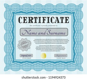Light blue Certificate. Detailed. With complex background. Good design. 
