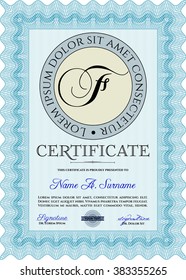 Certificado azul claro. Detallado. Fácil de imprimir. Diseño complejo. 