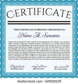 Light blue Certificate. Detailed. Printer friendly. Complex design. 
