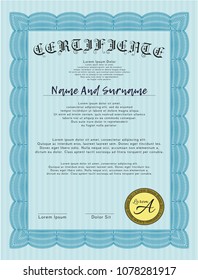  Light blue Certificate diploma or award template. Detailed. With great quality guilloche pattern. Superior design. 