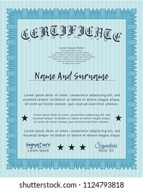 Light blue Certificate diploma or award template. Detailed. With linear background. Lovely design. 