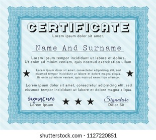 Light blue Certificate diploma or award template. Printer friendly. Lovely design. Detailed. 