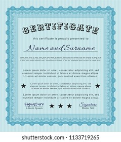 Light blue Certificate diploma or award template. With background. Lovely design. Detailed. 
