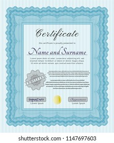 Light blue Certificate diploma or award template. Vector illustration. Easy to print. Elegant design. 