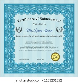 Light blue Certificate diploma or award template. Vector illustration. With background. Beauty design. 