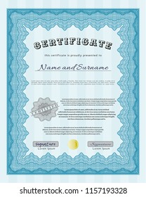Light blue Certificate diploma or award template. Detailed. Easy to print. Modern design. 