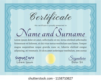 Light blue Certificate diploma or award template. With great quality guilloche pattern. Money design. Vector illustration. 