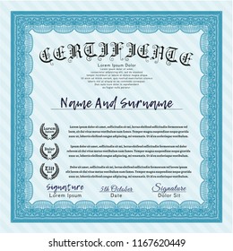 Light blue Certificate diploma or award template. Cordial design. Detailed. With complex linear background. 