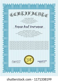 Light blue Certificate diploma or award template. With great quality guilloche pattern. Detailed. Sophisticated design. 